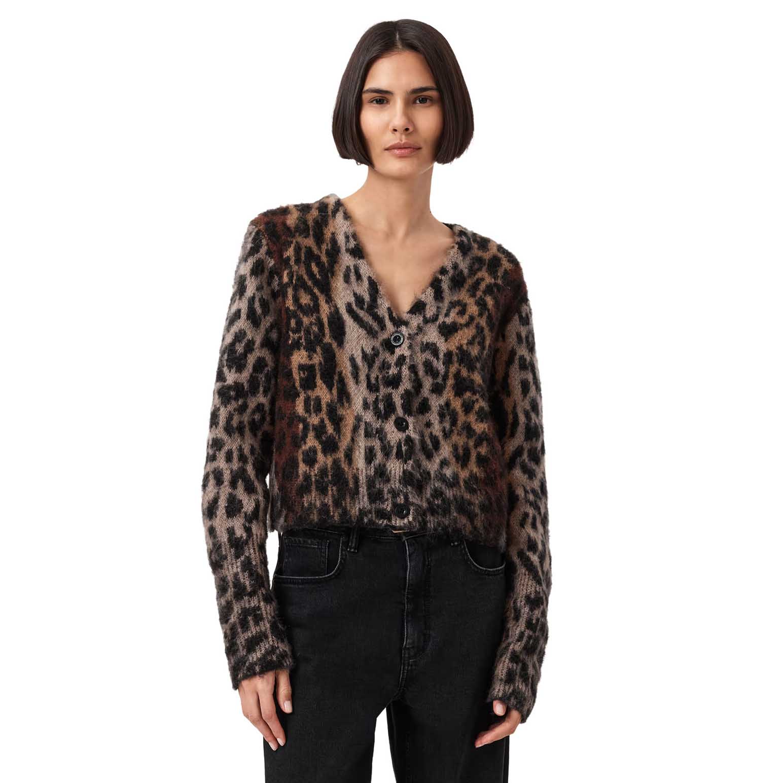 AllSaints Wick Leopard Jacquard Cropped Cardigan